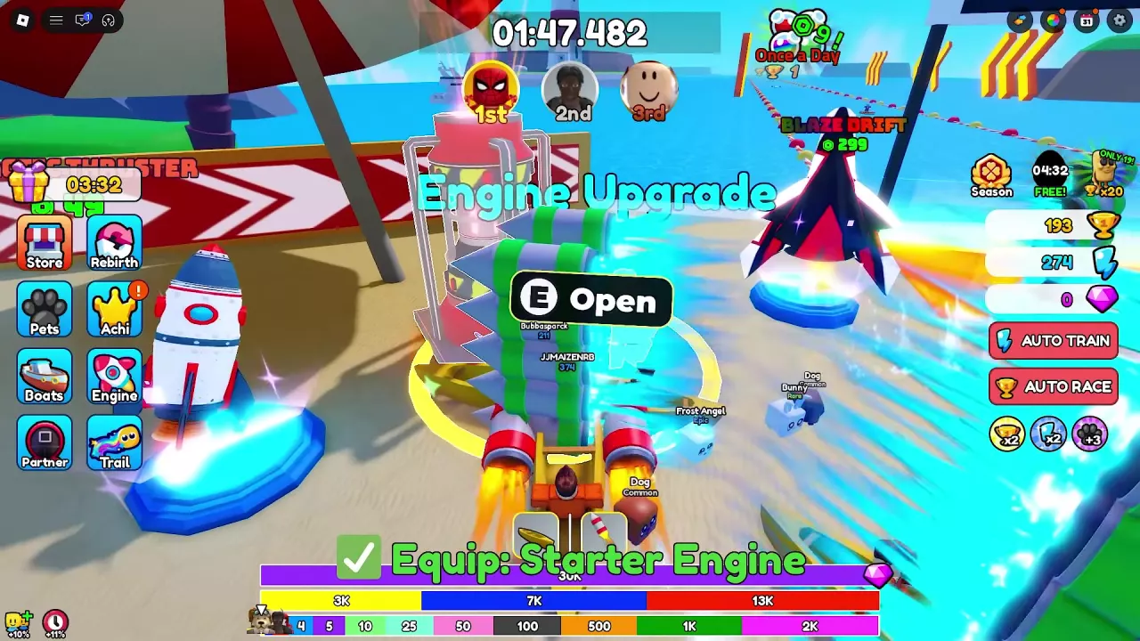 Engine Upgrade station beneath a red-and-white umbrella, with a yellow interaction circle and E Open prompt.