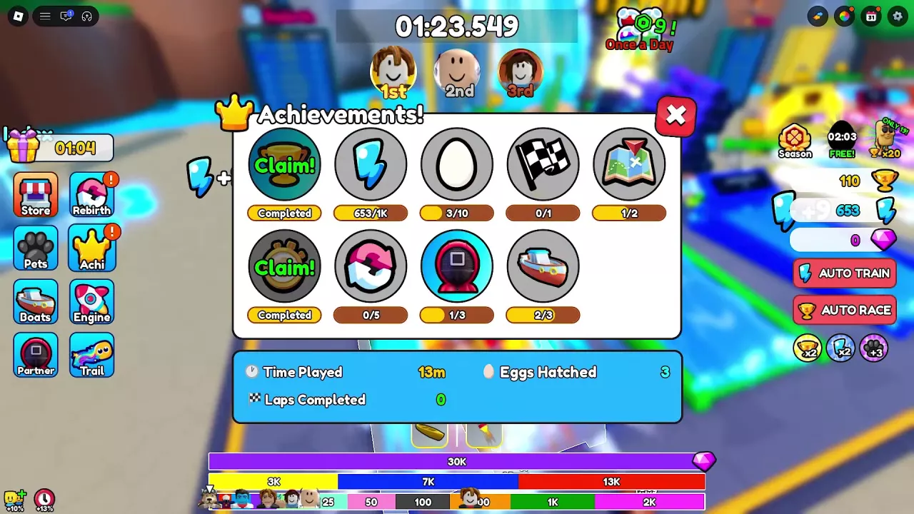 Achievements panel with Claim buttons and Completed labels on the trophy and timer entries.
