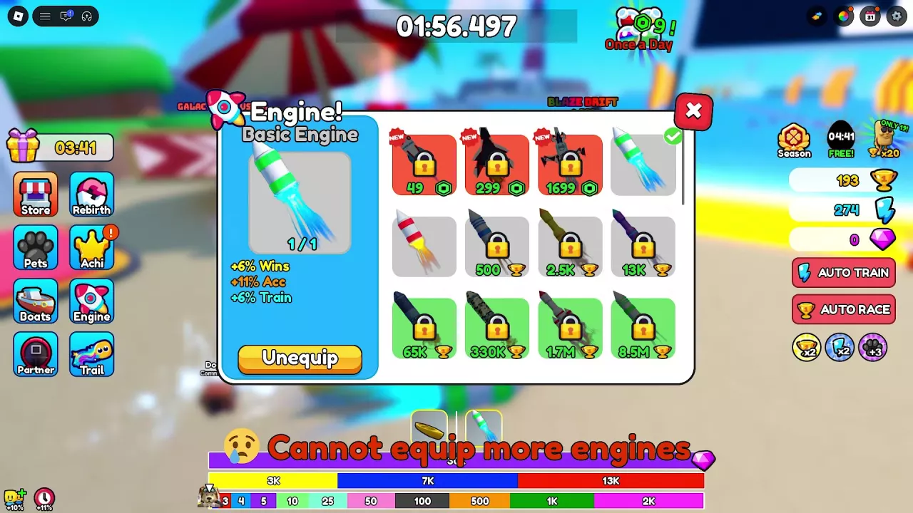 Basic Engine selected with a full 1/1 engine counter and the Unequip button.