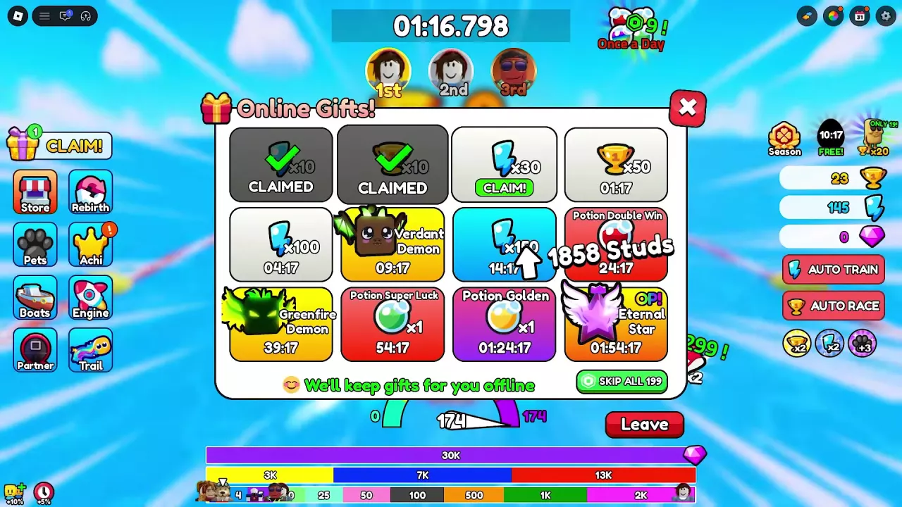 Online Gifts menu with 10-Wins and 50-Wins reward tiles during a race.