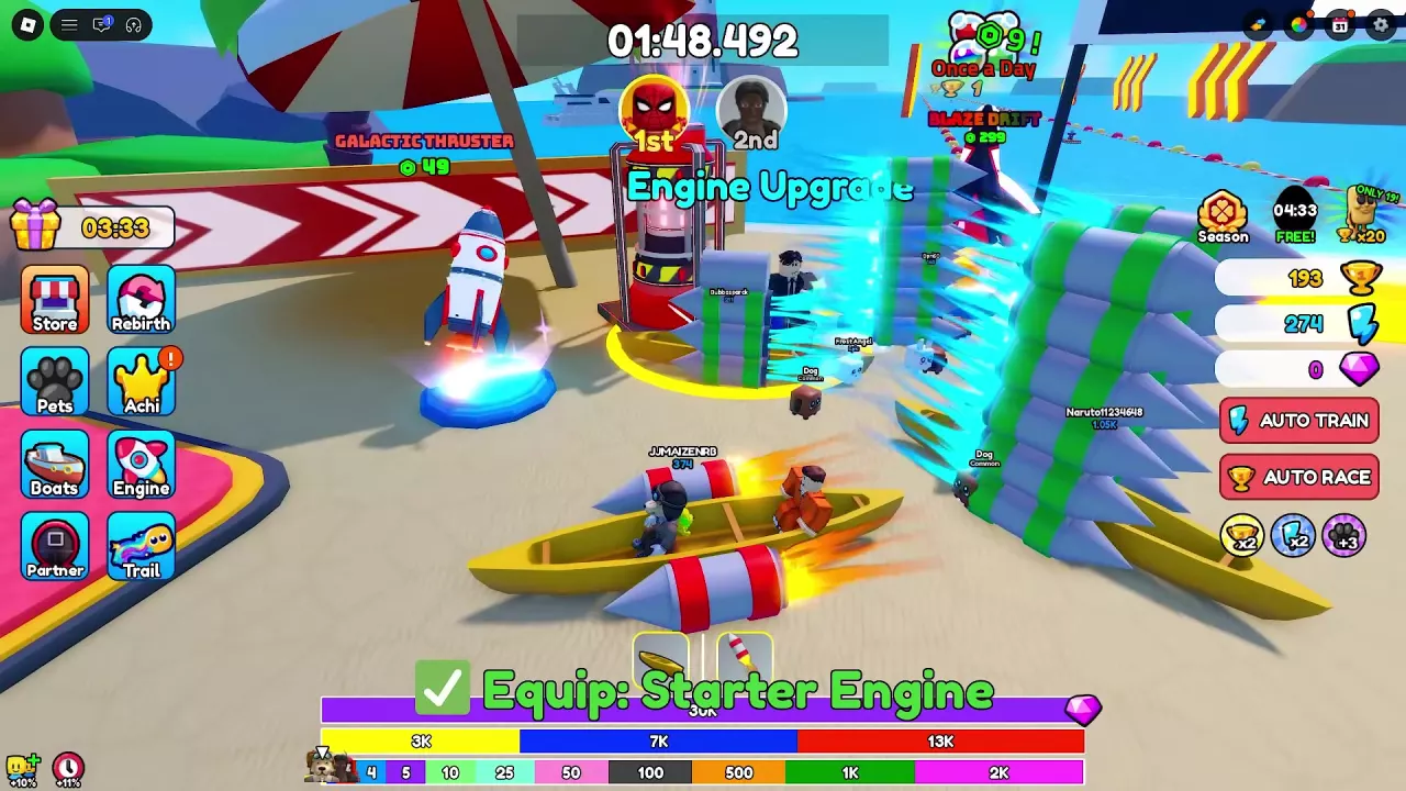Starter Engine equip success message and red-and-white thrusters on a yellow canoe.