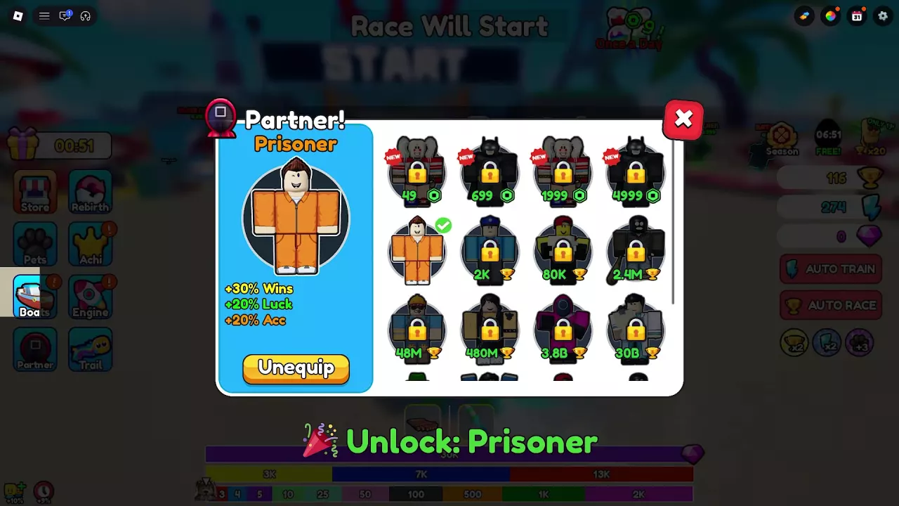 Prisoner's Partner panel showing three bonuses, a green equipment check and the Unequip button.
