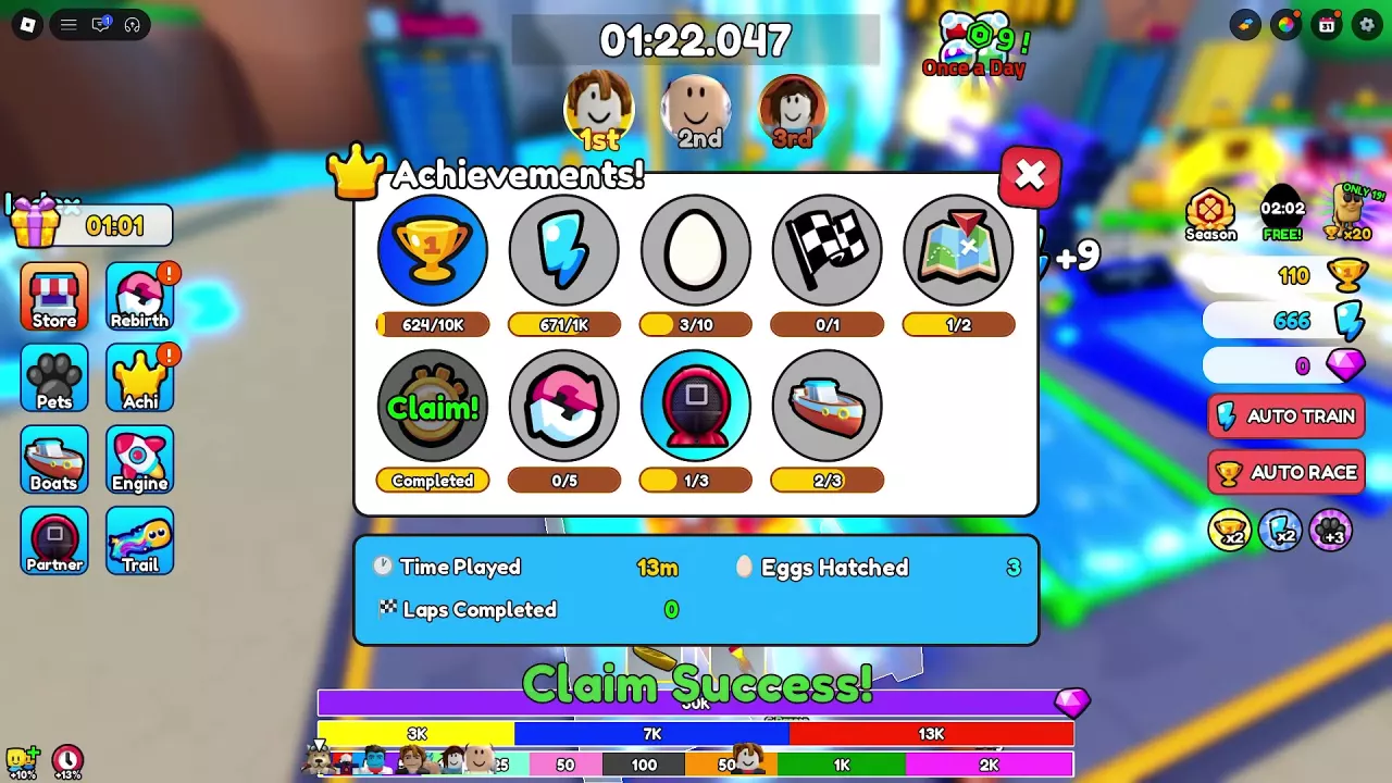 Claim Success message with the Wins achievement advanced to a 10K target.