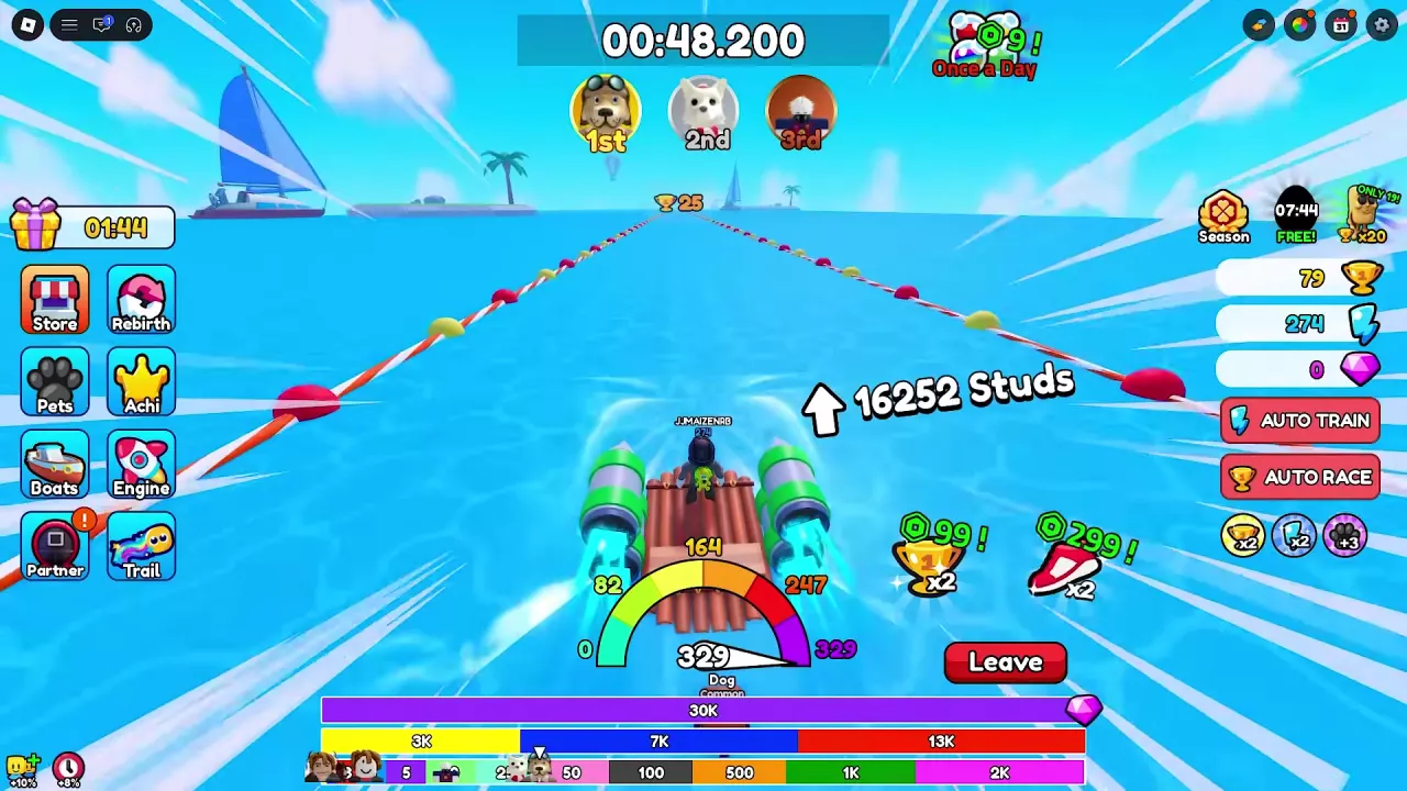 Boat approaching a trophy marker with the race timer, Studs distance and segmented progress bar visible.