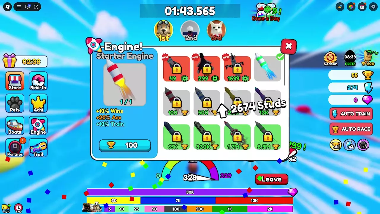 Starter Engine purchase panel showing a 100-Wins price and Wins, Acc, and Train bonuses.
