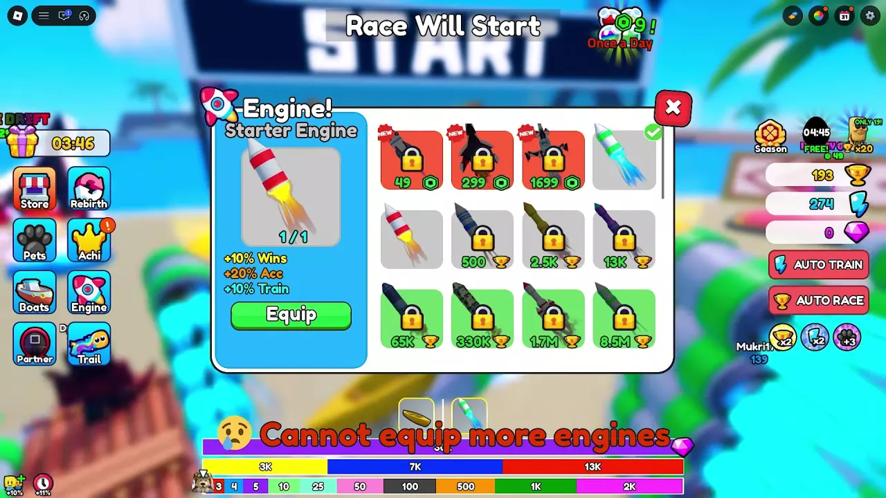 Starter Engine selected with a full 1/1 counter and the Cannot equip more engines message.