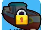 Brown cabin boat with a gray-blue cabin, dark roof, and lock badge.