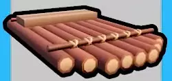 Wooden raft made of brown logs lashed together with rope.
