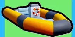 Yellow and dark gray inflatable boat with a raised seat and life ring.