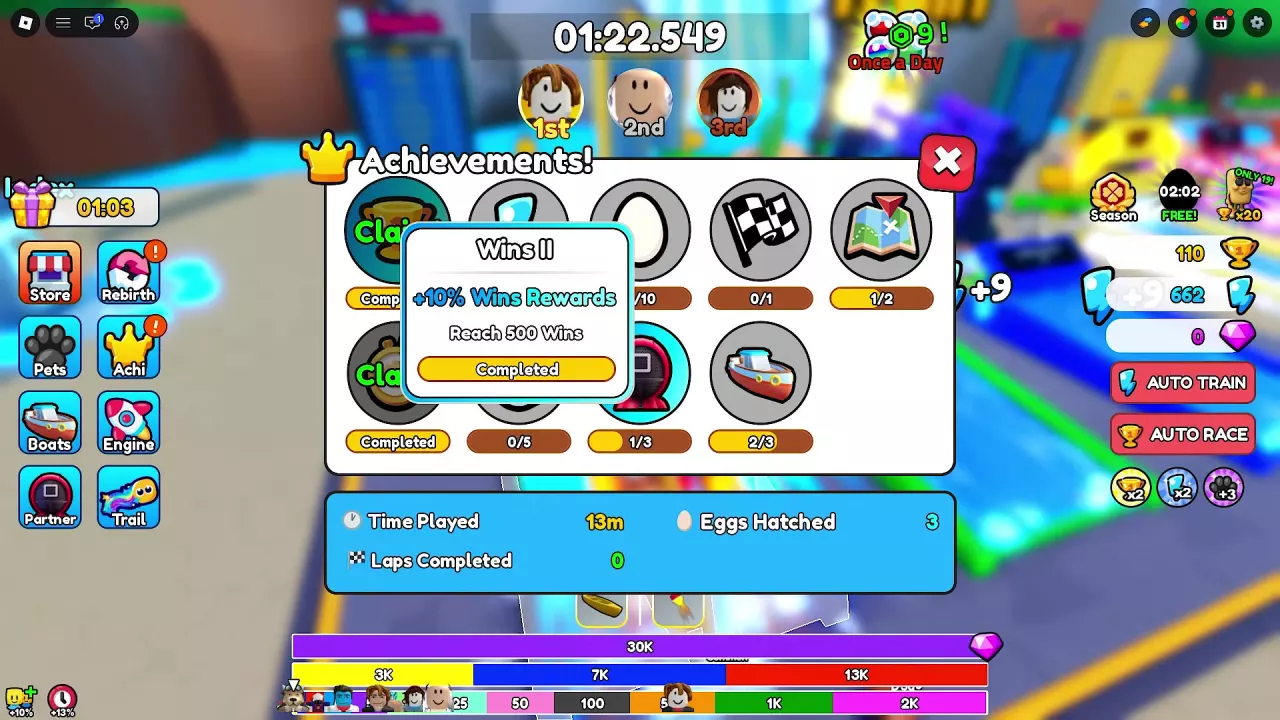 Completed Wins II achievement showing a 500-Wins target and +10% Wins Rewards.