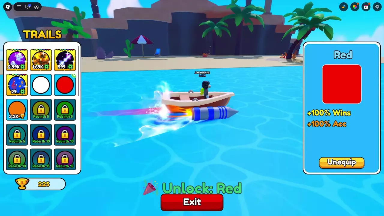 Red trail equipped in the TRAILS shop, with a green check, Unequip button and red-pink ribbon behind the boat.