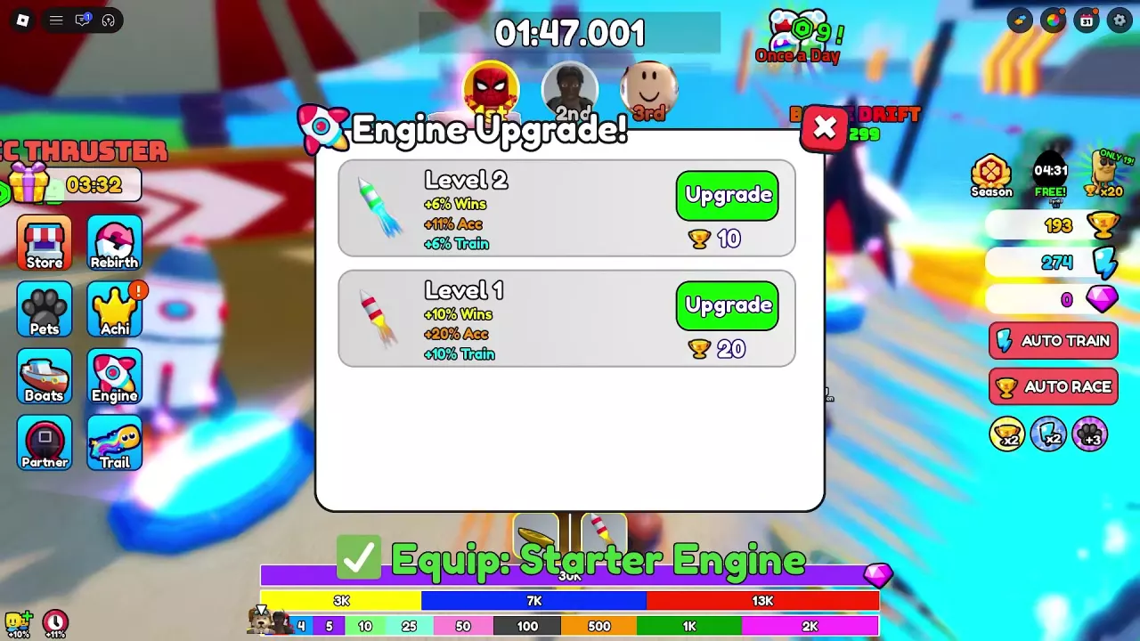 Engine Upgrade menu with separate Basic and Starter rows showing levels, bonuses, prices, and Upgrade buttons.