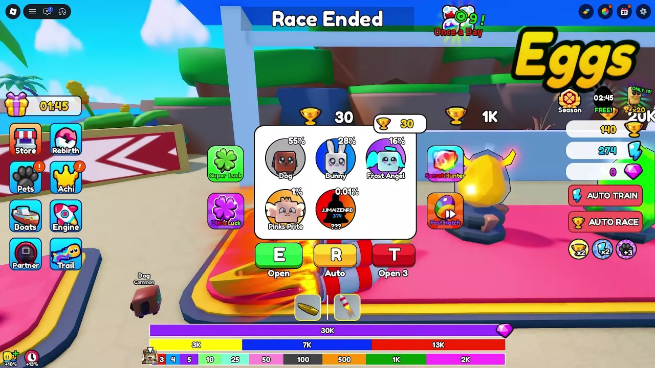 30-Wins egg panel showing five pet chances and the Open, Auto, and Open 3 controls.