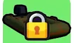 Brown and green low-profile boat with a raised dark seat and a lock badge.