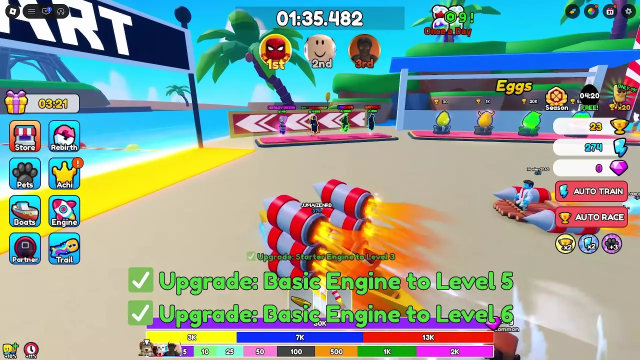 Four named character stands on a pink platform between START and the Eggs display.