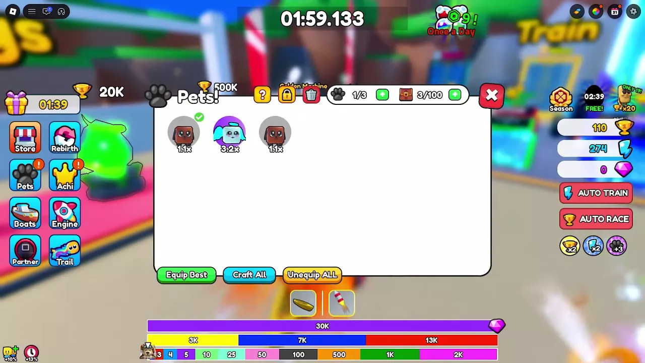 Pets inventory with 1/3 equipped, 3/100 owned, a checked Dog, and Equip Best, Craft All and Unequip ALL buttons.