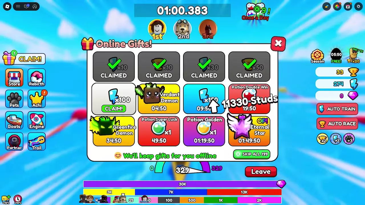 Online Gifts menu with a green CLAIM! button beneath the 100 Power reward.
