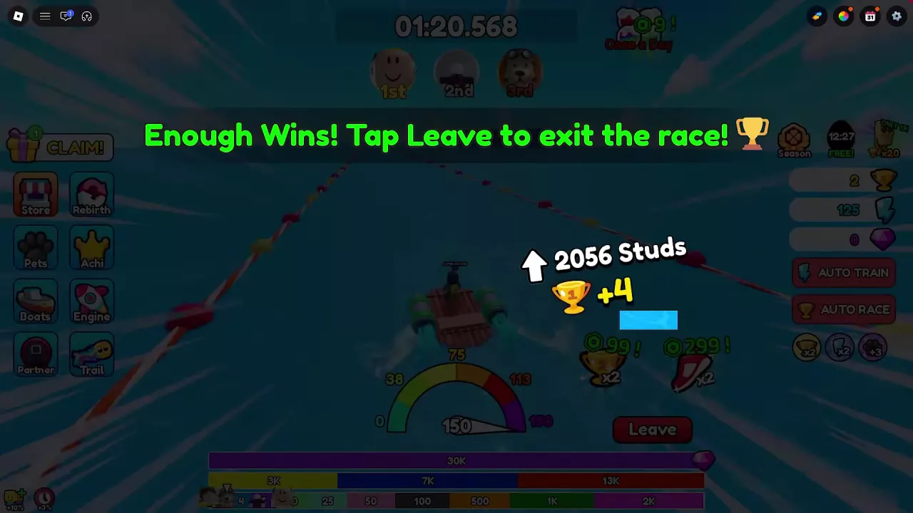 Introductory race prompt telling the player to tap Leave after earning enough Wins.